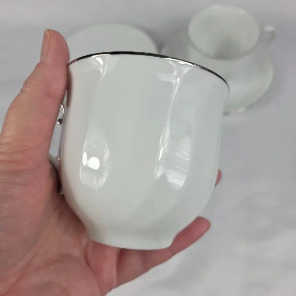 TWO (2) Mikasa Wedding Band Platinum Cup & Saucer Sets White Swirl Platinum Trim